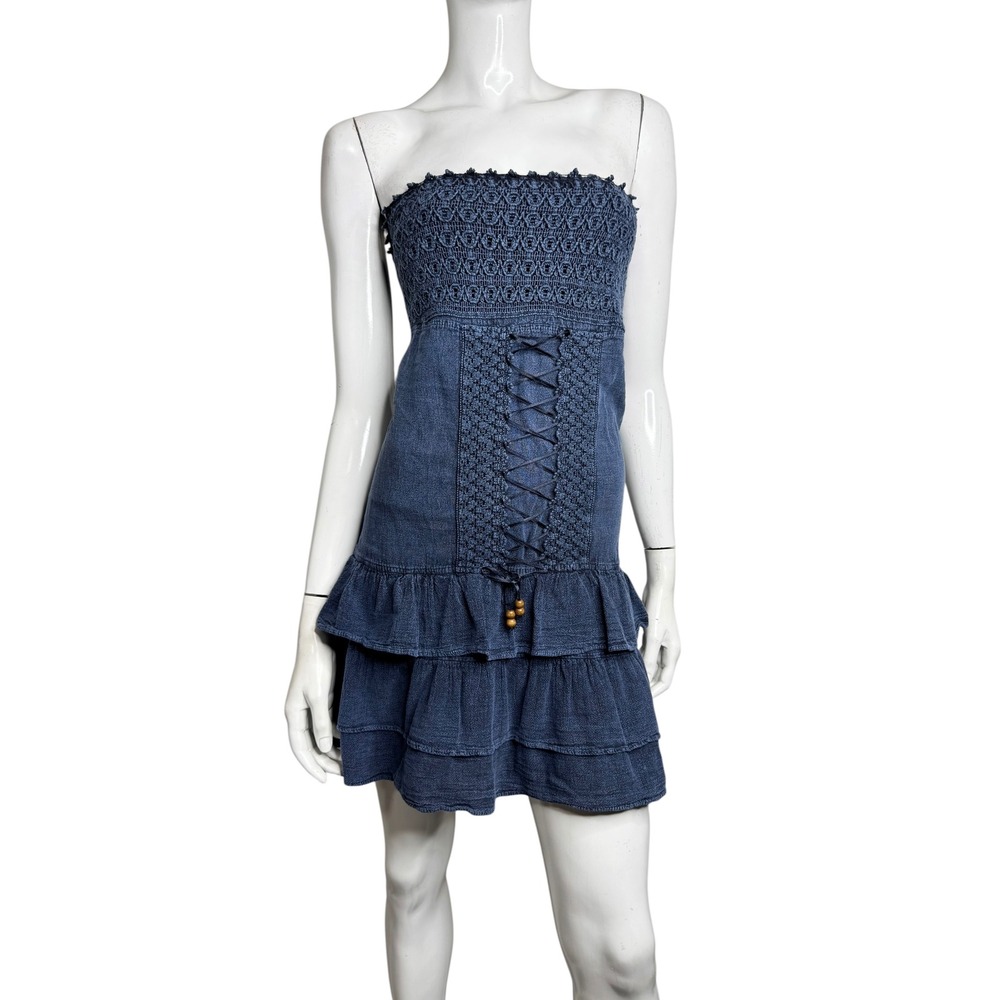 Cotton Natural Blue Strapless Smocked Crochet Tiered Ruffle Mini Dress XL Peru